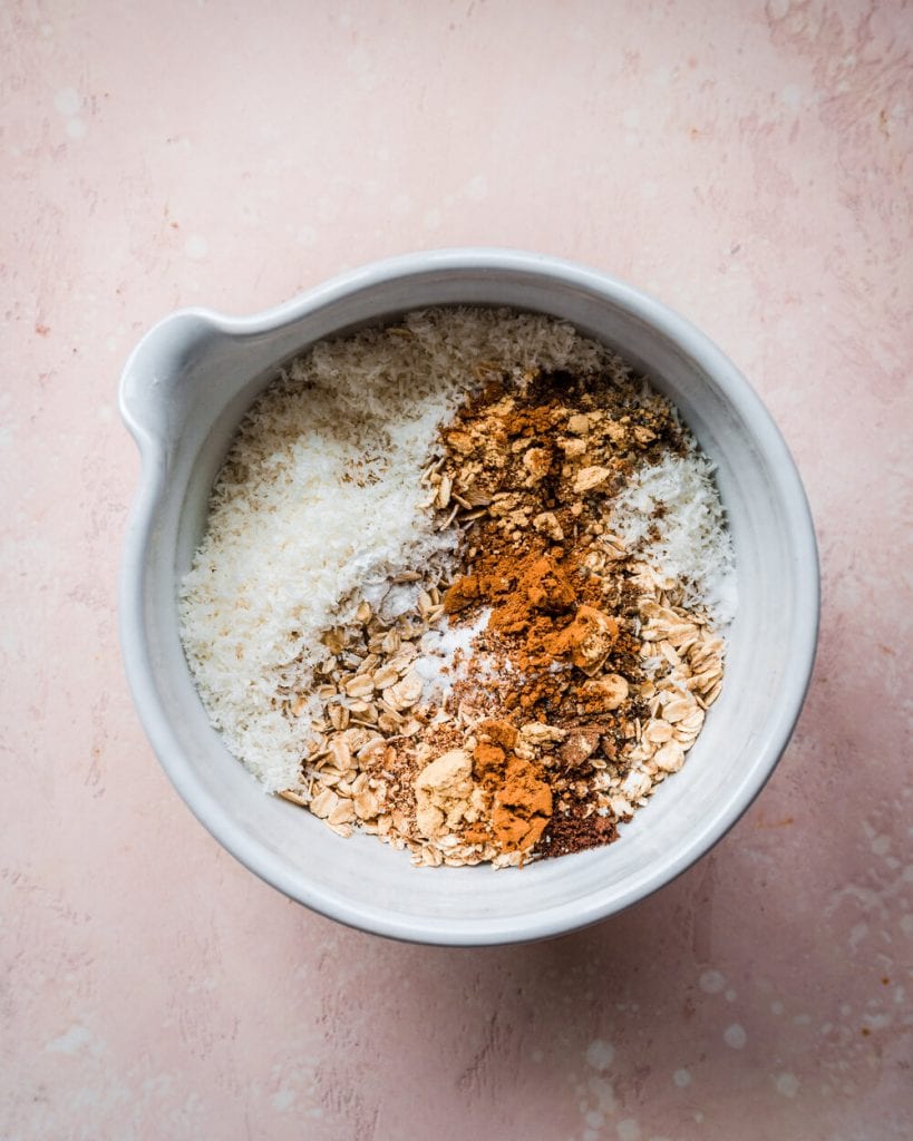 flour, baking powder, baking soda, and salt in bowl.