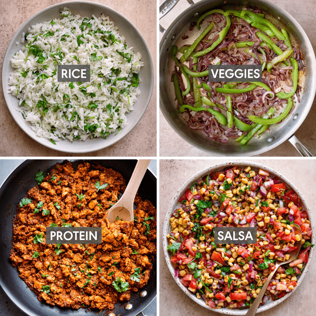 grid of rice, fajita veggies, sofritas, and corn salsa for vegan burrito bowl