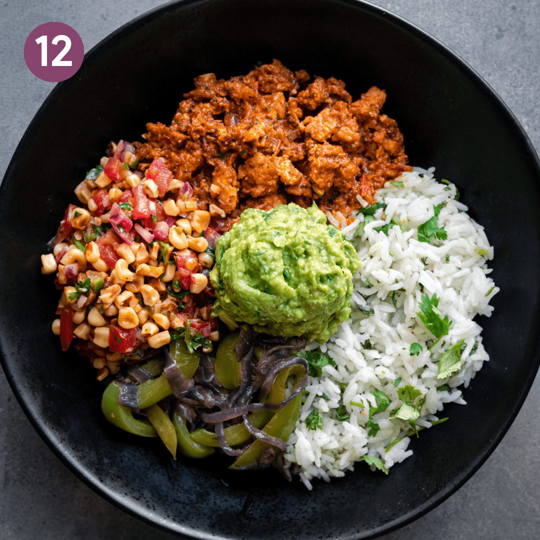Lazy Guacamole added on top of the finished burrito bowl.