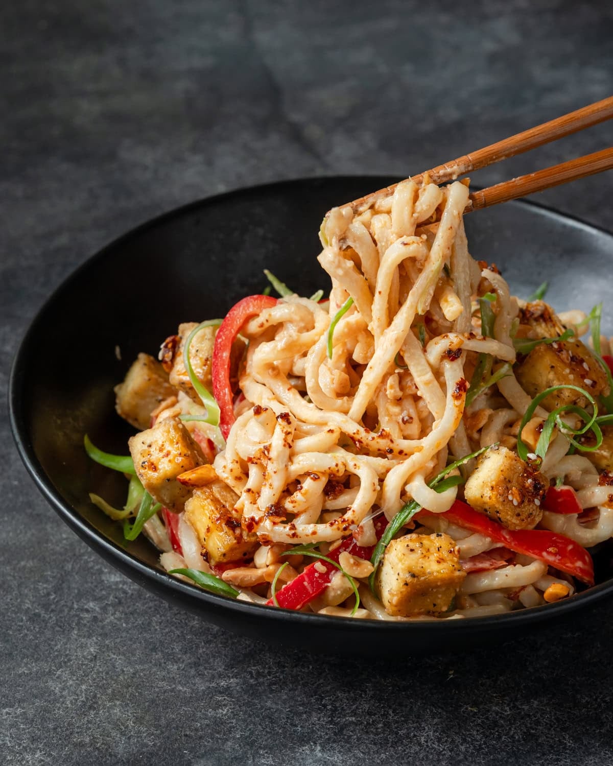 Dark bowl of peanut noodles with tofu, red peppers, and green onions, topped with peanuts.