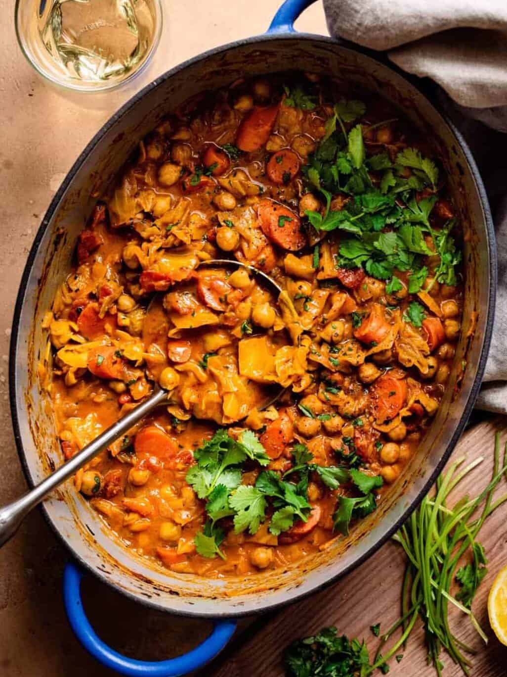 braised chickpea stew in dutch oven.